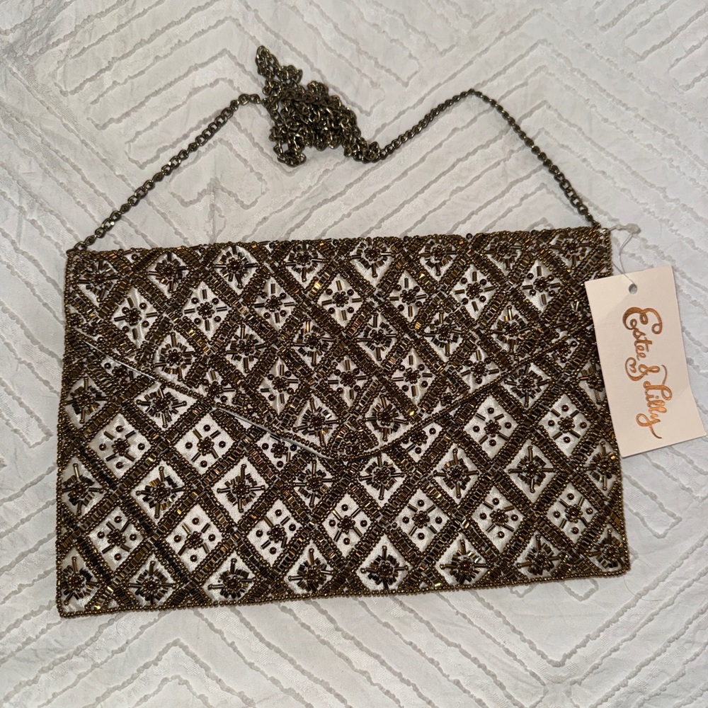 Beaded Ivory and Gold Evening Clutch with Chain Strap